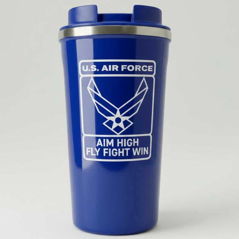 Blue tumbler with U.S. Air Force logo and motto on a white background