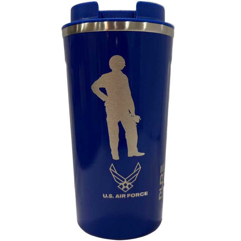 Blue tumbler with a white graphic on a white background