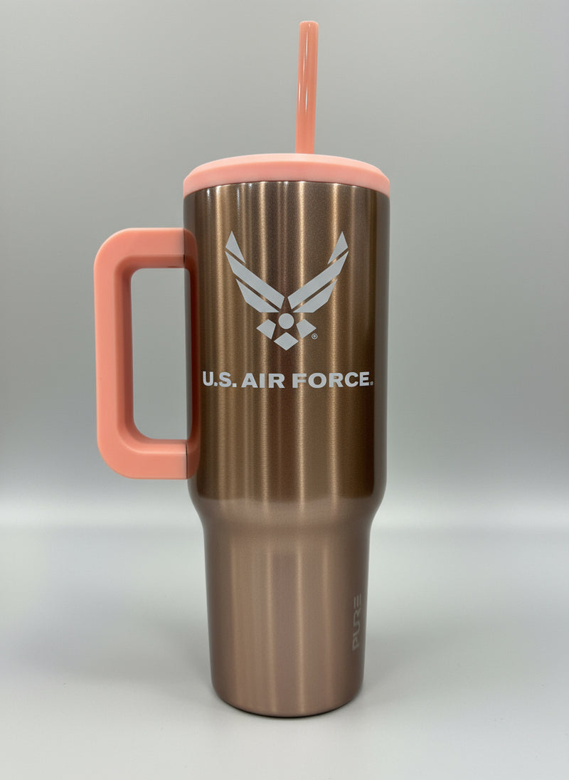 Rose Gold water bottle with pink handle and U.S. Air Force logo on a white background