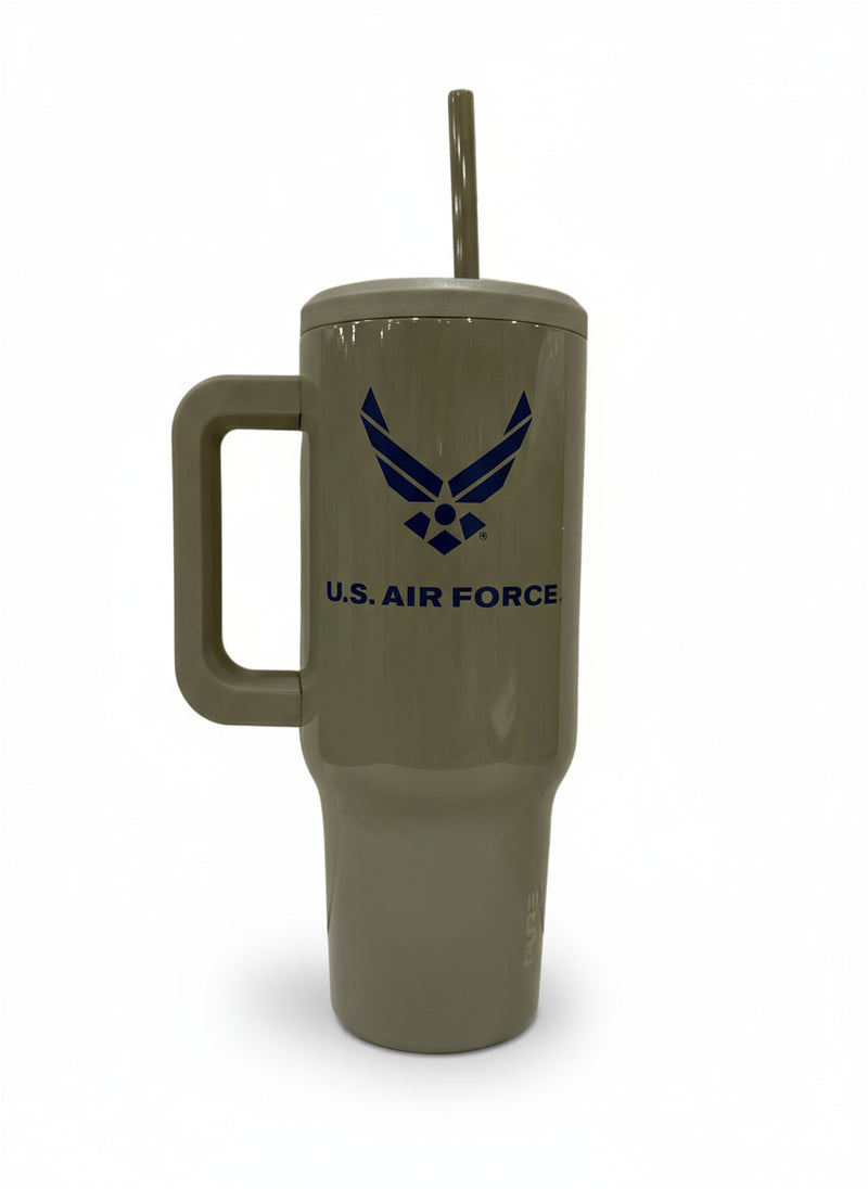 Gray 40oz tumbler with U.S. Air Force logo and a handle on a white background