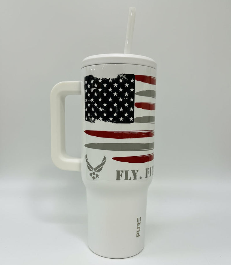 White 40oz Air Force tumbler with American flag design and Fly. Fight. Win. Text