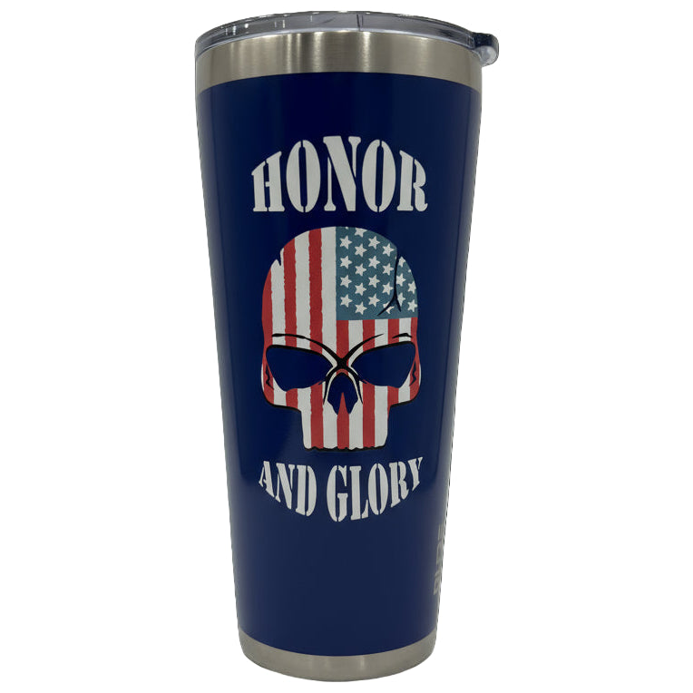 Blue tumbler with American flag skull design and 'Honor and Glory' text