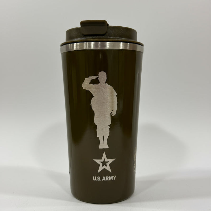 Green tumbler with a soldier and the U.S. Army logo on a white background