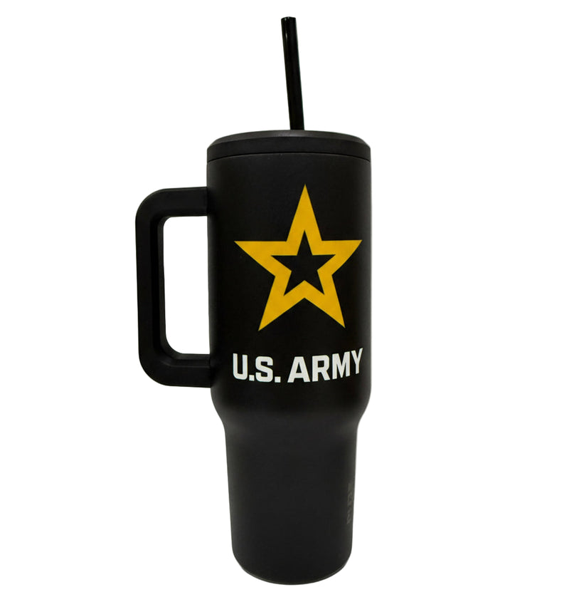 Black water bottle with U.S. Army logo on a white background
