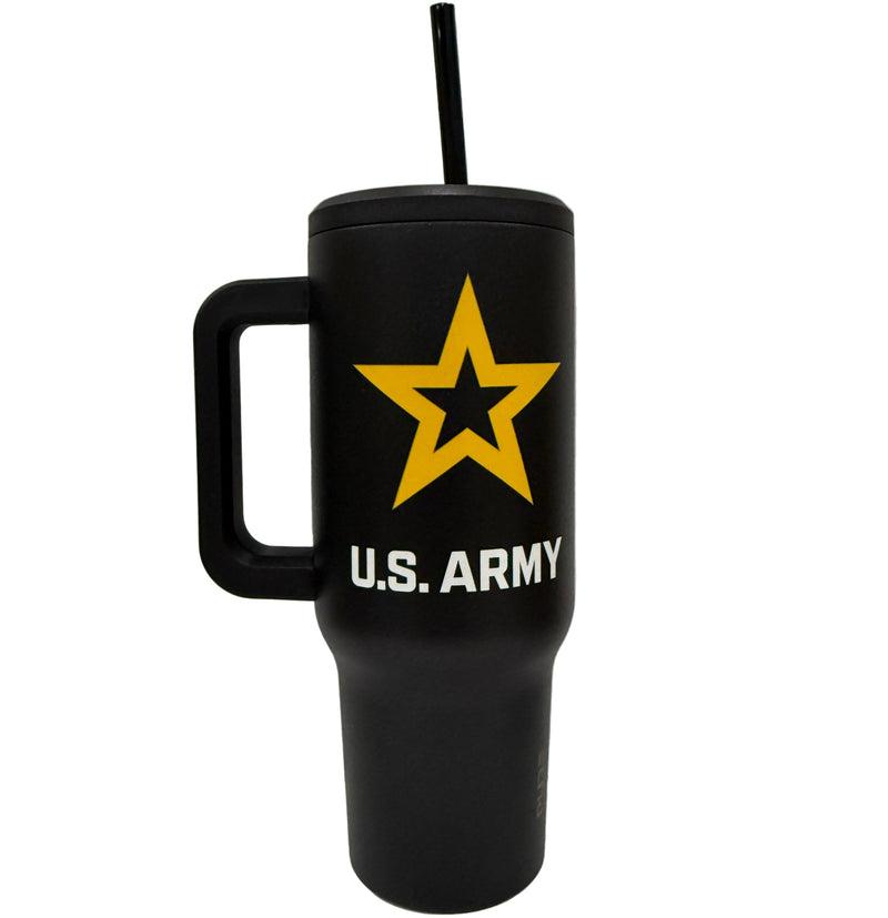 Black water bottle with U.S. Army logo on a white background