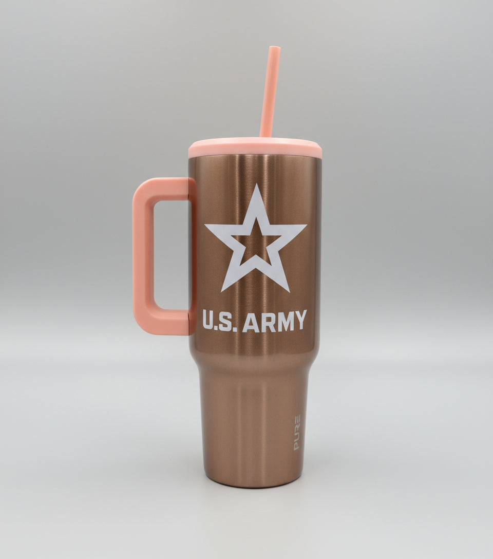 Rose Gold 40oz Tumbler with U.S. Army logo and pink handle on a white background