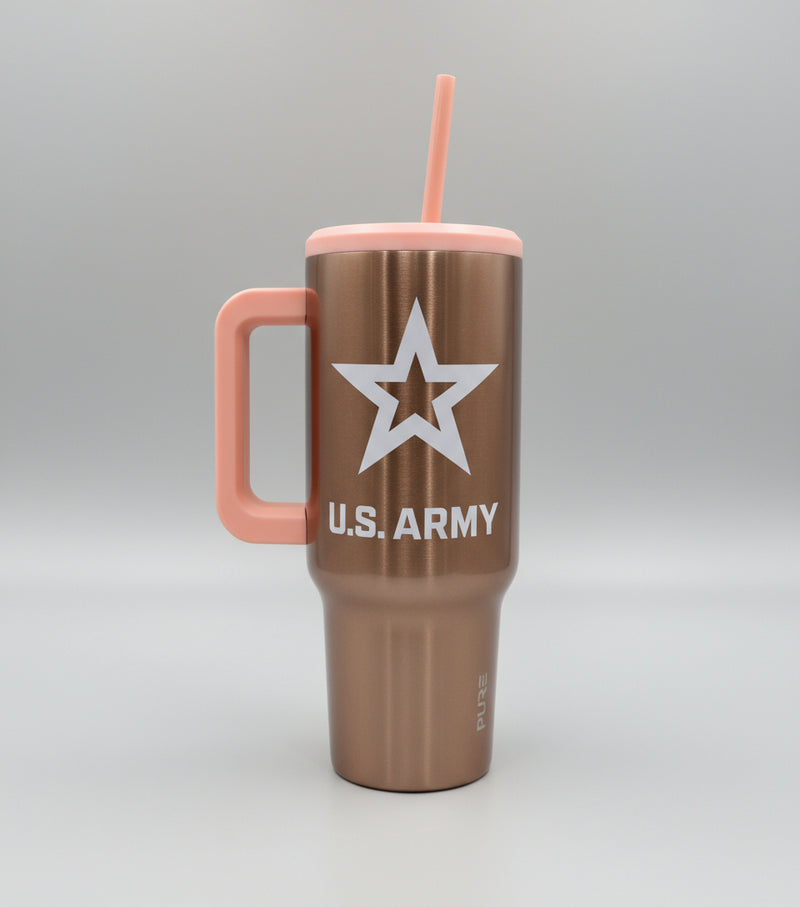 Rose Gold 40oz Tumbler with U.S. Army logo and pink handle on a white background
