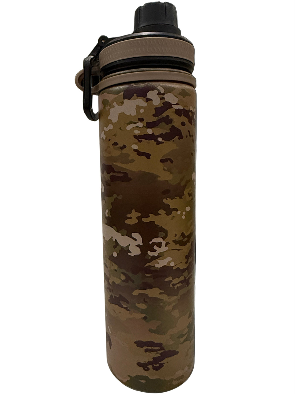 Camouflage-patterned water bottle on a white background