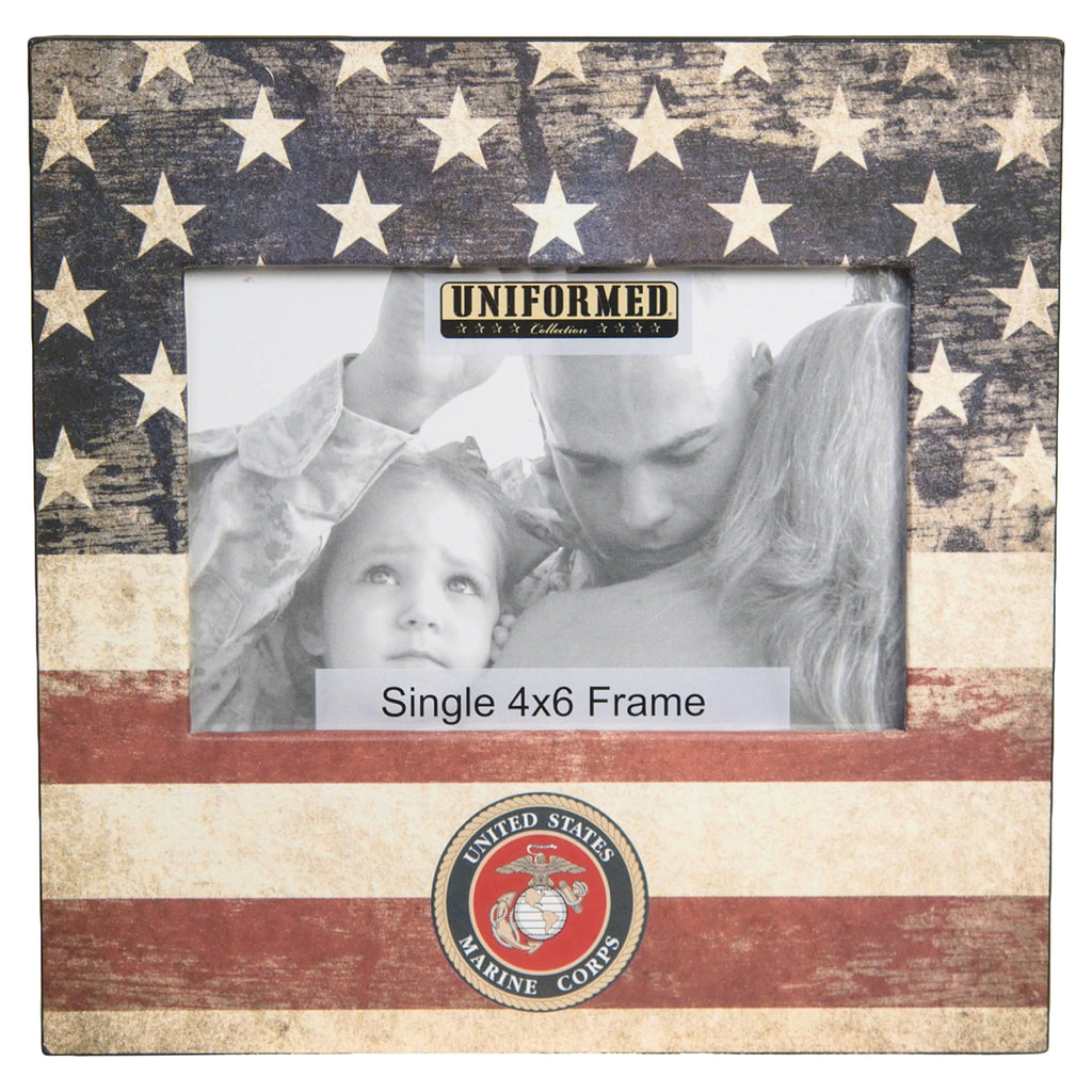 US MARINE FRAME WITH AMERICAN FLAG AND MARINE EMBLEM. HOLDS SINGLE 4X6 PHOTO - UNIFORMED®