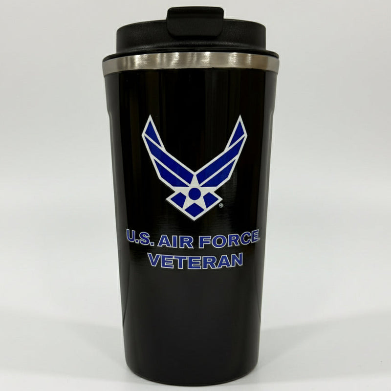 Black 17oz tumbler with U.S. Air Force Veteran logo on a white background
