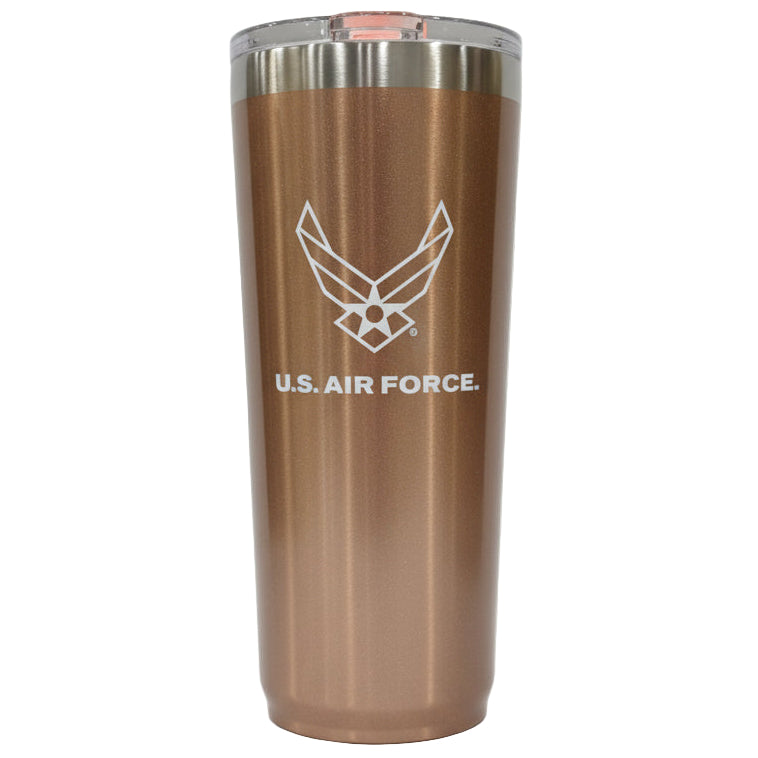Rose gold 22oz tumbler with U.S. Air Force logo on a white background