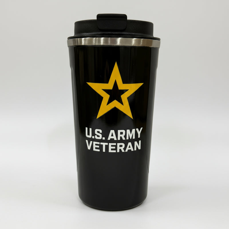 Black 17oz travel mug with U.S. Army Logo and Veteran text on a white background