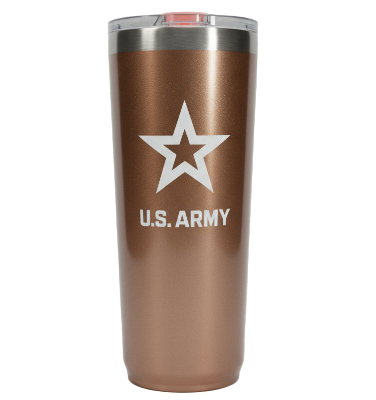 Rose gold 22oz tumbler with U.S. Army logo on a white background