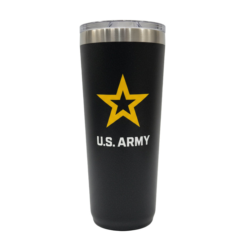 Black 22oz tumbler with U.S. Army logo on a white background
